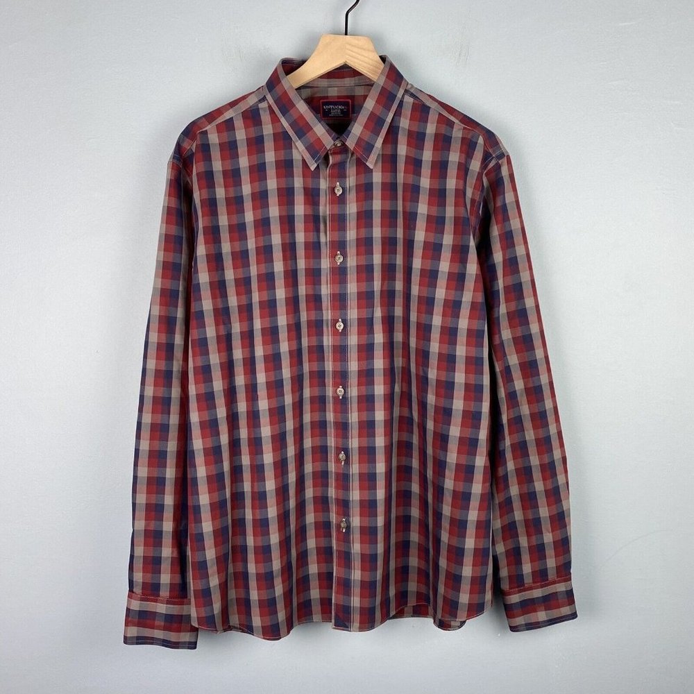 UNTUCKit Pomerol Mens XL Blue Red Plaid Button Up Long‎ Sleeve Cotton Shirt FLAW